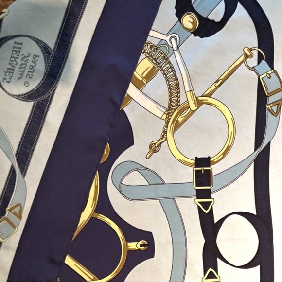 Vintage Hermes Pellier Paris Eperon d' Or Silk Scarf Blues with light Gray - Picture 16 of 16